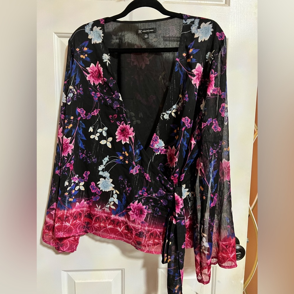 INC International Concepts Black Floral Wrap Top with Pink and Blue Accents
